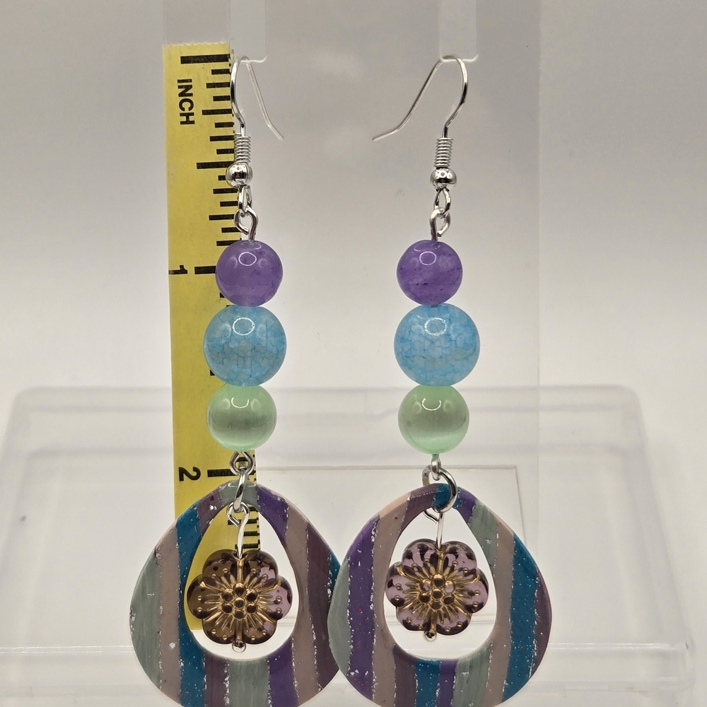 #B371-  Multicolor Beaded Earrings- Selenite Jasper And Jade Beads - Picture 2 of 4